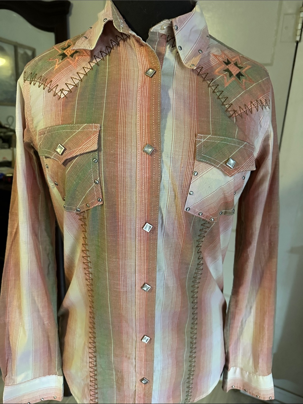 Wrangler Striped Western Button-Down Shirt in Pink, Green and Cream